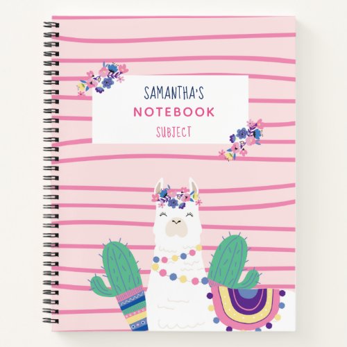 Cute Floral Llama Personalized Pink Notebook