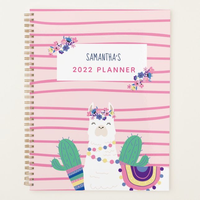 Cute Floral Llama Personalized Pink Planner (Front)