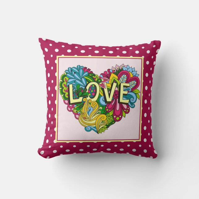 Cute floral LOVE heart, on pink & white polka dots Throw Pillow (Front)
