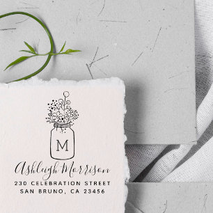 Cute Floral Mason Jar Script Name & Return Address Rubber Stamp