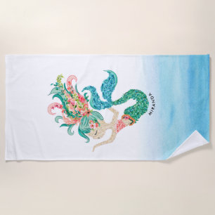Cute floral mermaid watercolors illustration beach towel