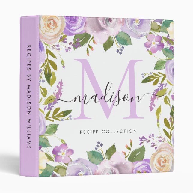 Cute Floral Monogram Purple Violet Recipe Cookbook 3 Ring Binder (Front/Spine)