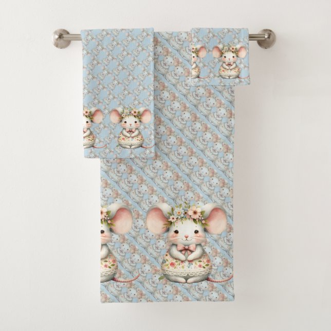 Cute Floral Mouse Dress Flower Crown Bath Towel Set (Insitu)
