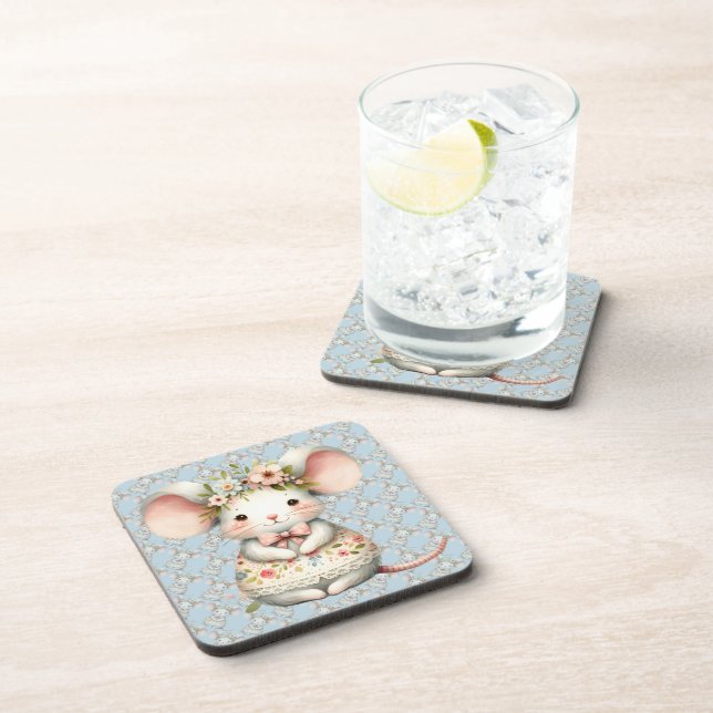 Cute Floral Mouse Dress Flower Crown Beverage Coaster (Right Side)