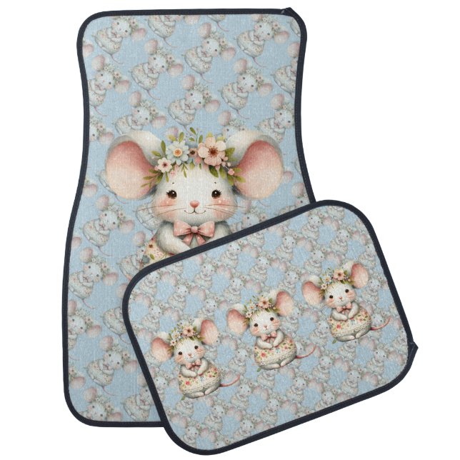 Cute Floral Mouse Dress Flower Crown Car Floor Mat (Set)