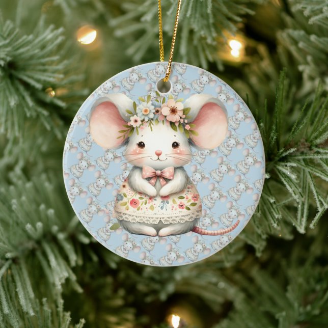Cute Floral Mouse Dress Flower Crown Ceramic Ornament (Tree)