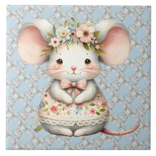 Cute Floral Mouse Dress Flower Crown Ceramic Tile (Front)