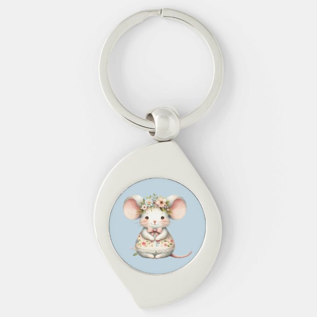 Cute Floral Mouse Dress Flower Crown Keychain (Front)