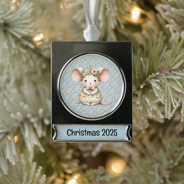 Cute Floral Mouse Dress Flower Crown Silver Plated Banner Ornament (Tree)