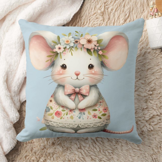 Cute Floral Mouse Dress Flower Crown Throw Pillow (Blanket)