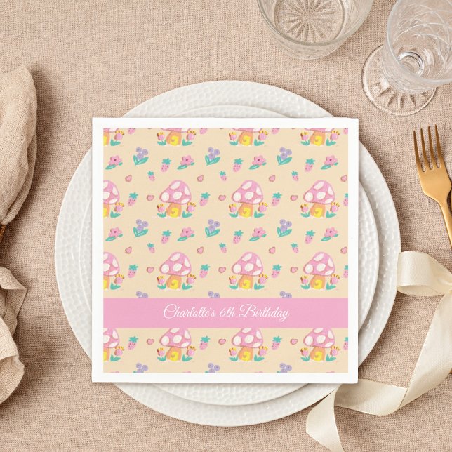Cute Floral Mushroom Pattern Cream Kids Birthday Napkins (Creator Uploaded)