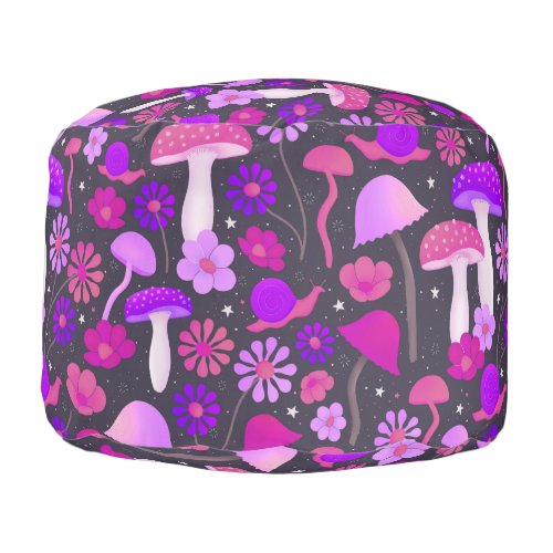 Cute Floral Mushrooms Vibrant Pink Purple  Black Pouf