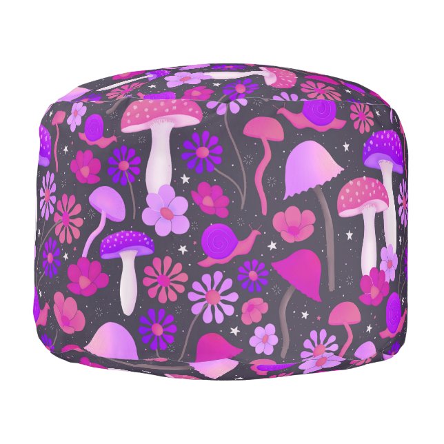 Cute Floral Mushrooms Vibrant Pink, Purple & Black Pouf (Left)