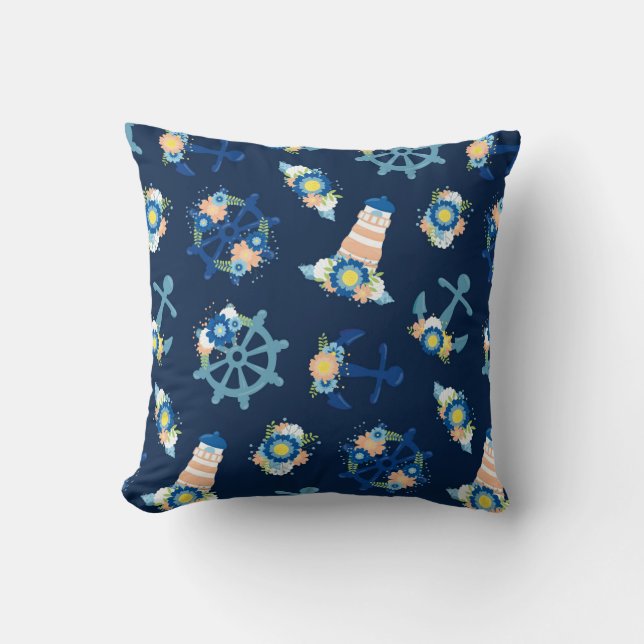 Cute Floral Nautical Blue Anchor Lighthouse Design Throw Pillow (Front)