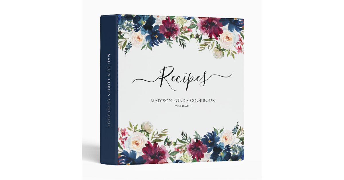 Cute Floral Navy Blue Burgundy Red Kitchen Recipe 3 Ring Binder | Zazzle