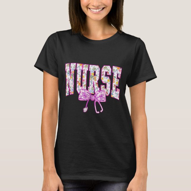Cute Floral Nk Nurse Coquette Bow Stethoscope Nurs T-Shirt (Front)