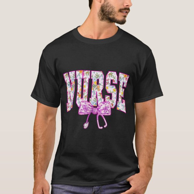 Cute Floral Nk Nurse Coquette Bow Stethoscope Nurs T-Shirt (Front)