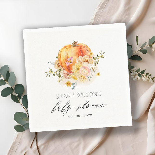 Cute Floral Orange Autumn Pumpkin Baby Shower Napkins (Creator Uploaded)