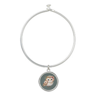 Cute Floral Owl with Bow Bangle Bracelet