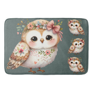 Cute Floral Owl with Bow Bath Mat