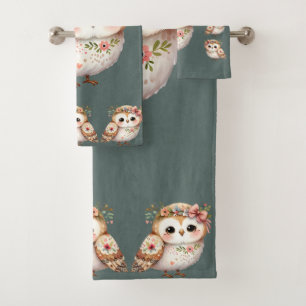 Cute Floral Owl with Bow Bath Towel Set