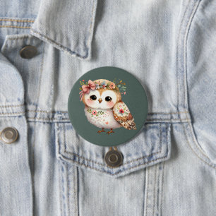 Cute Floral Owl with Bow Button