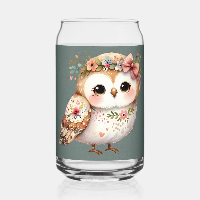 Cute Floral Owl with Bow Can Glass (Front)