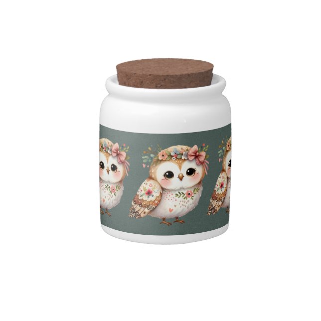 Cute Floral Owl with Bow Candy Jar (Front)
