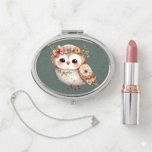 Cute Floral Owl with Bow Compact Mirror