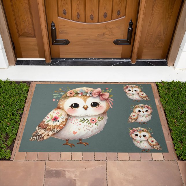 Cute Floral Owl with Bow Doormat (Outdoor)