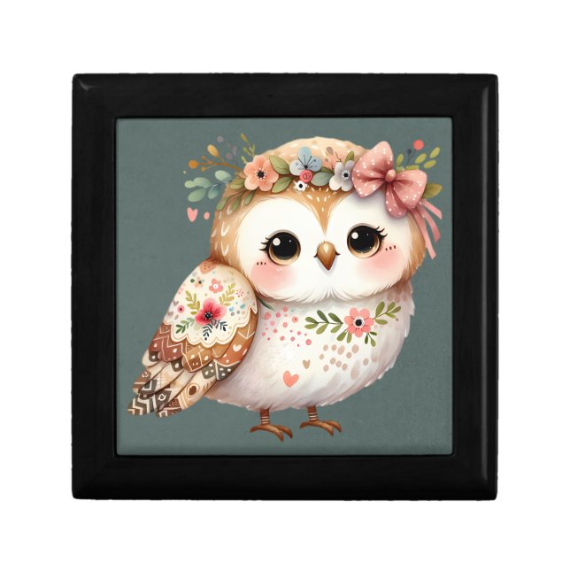 Cute Floral Owl with Bow Gift Box (Front)