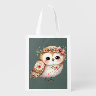 Cute Floral Owl with Bow Grocery Bag