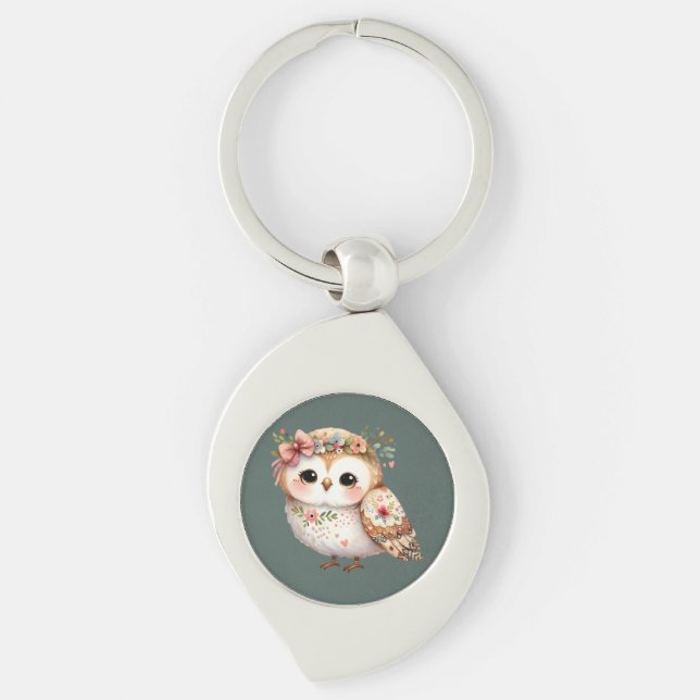 Cute Floral Owl with Bow Keychain (Front)