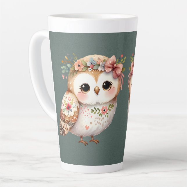 Cute Floral Owl with Bow Latte Mug (Left Angle)