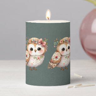 Cute Floral Owl with Bow Pillar Candle