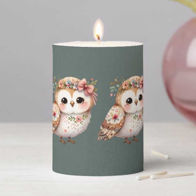 Cute Floral Owl with Bow Pillar Candle (In Situ)