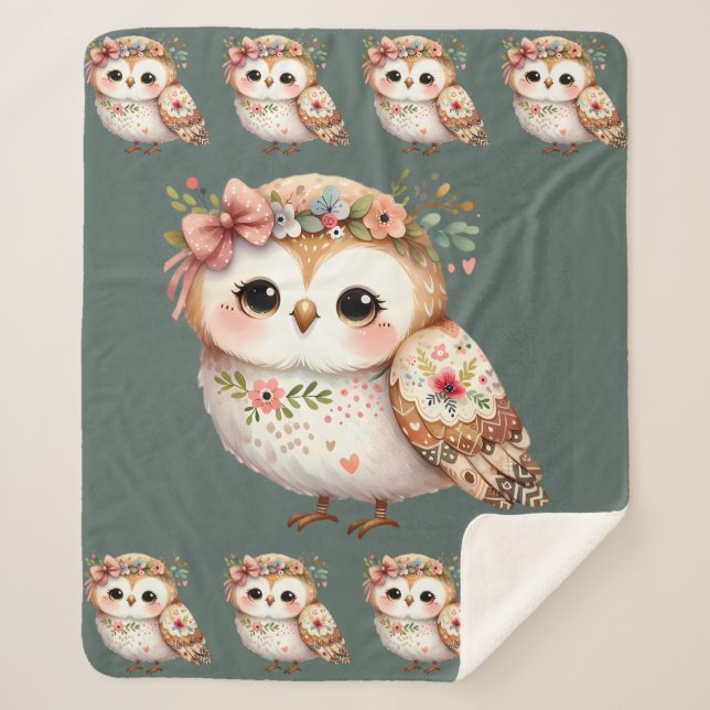 Cute Floral Owl with Bow Sherpa Blanket (Front)