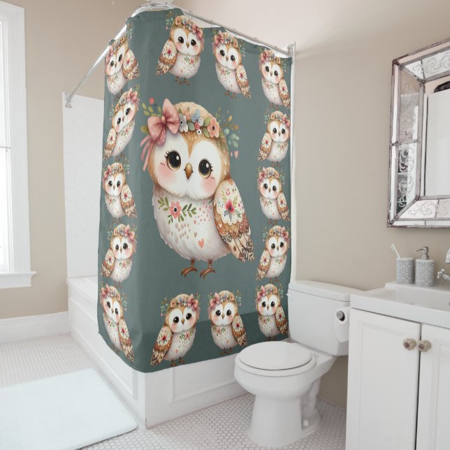 Cute Floral Owl with Bow  Shower Curtain (In Situ)