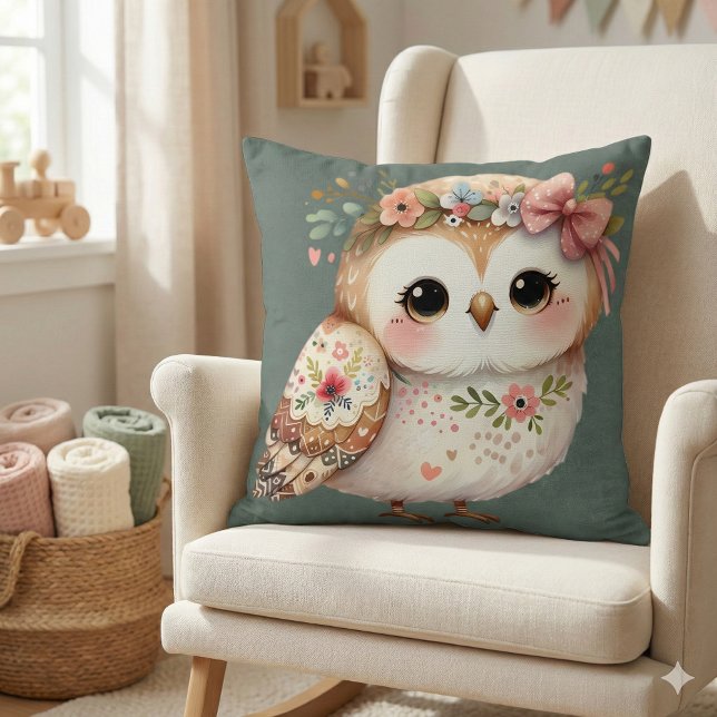 Cute Floral Owl with Bow Throw Pillow (Cute Floral Owl with Bow Throw Pillow Mockup A)