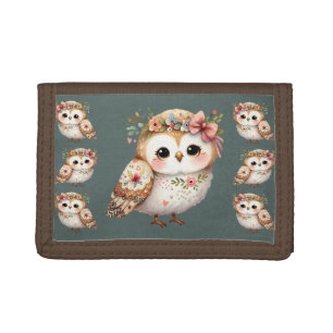 Cute Floral Owl with Bow Tri-fold Wallet