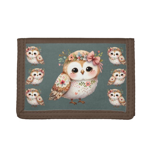 Cute Floral Owl with Bow Trifold Wallet (Front)
