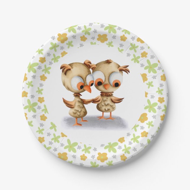 Cute Floral Owls Twins Baby Shower Paper Plates (Front)