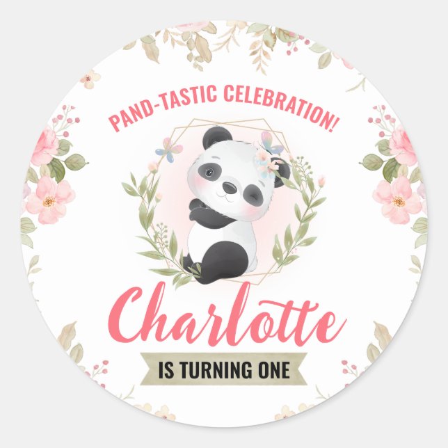 Cute Floral Panda Bear Birthday Party Classic Round Sticker (Front)