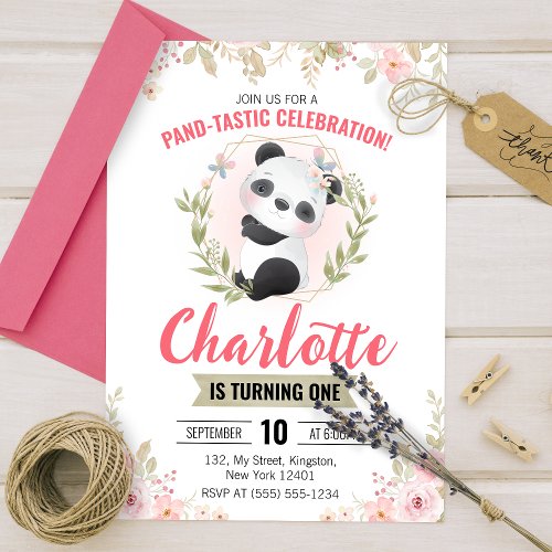 Cute Floral Panda Bear Birthday Party Invitation