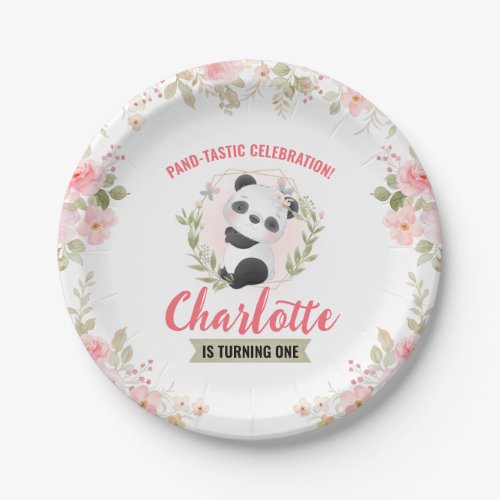 Cute Floral Panda Bear Birthday Party Paper Plates