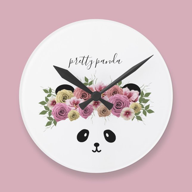 Cute Floral Panda Bear Kids Clock (A pretty panda bear with flowers in her hair. Just add your name to this cute nursery clock)
