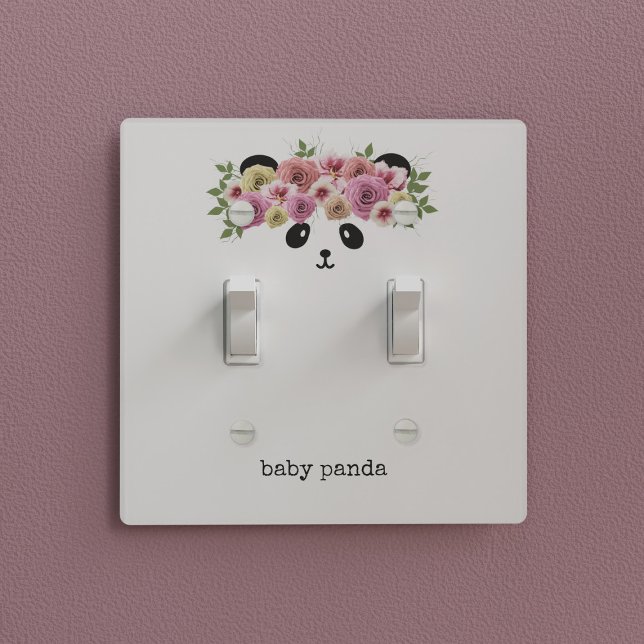 Cute Floral Panda Girl Nursery Light Switch Cover (A pretty panda bear with flowers in her hair. Just add your little one's name)