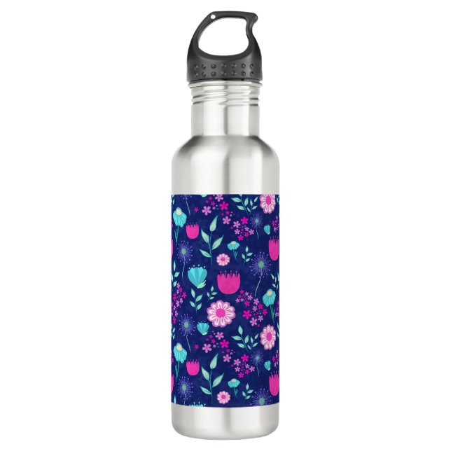 Cute floral pattern background stainless steel water bottle (Front)