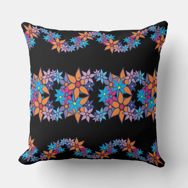 Cute Floral Pattern | Black Background Throw Pillow (Front)