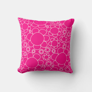 Cute Floral Pattern Doodle Flowers in Hot Pink Throw Pillow